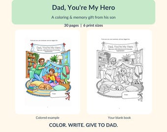 Dad You're My Hero Printable Coloring Memory Book, Gift from Son, Christian Kawaii Keepsake, 30 Pages, 6 Sizes