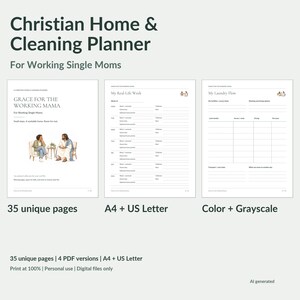 May include: A Christian Home & Cleaning Planner for working single moms featuring 35 unique pages in A4 and US Letter sizes. The planner includes sections titled Grace for the Working Mama, My Real-Life Week, and My Laundry Flow in color and grayscale.