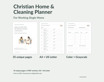 May include: A Christian Home & Cleaning Planner for working single moms featuring 35 unique pages in A4 and US Letter sizes. The planner includes sections titled Grace for the Working Mama, My Real-Life Week, and My Laundry Flow in color and grayscale.