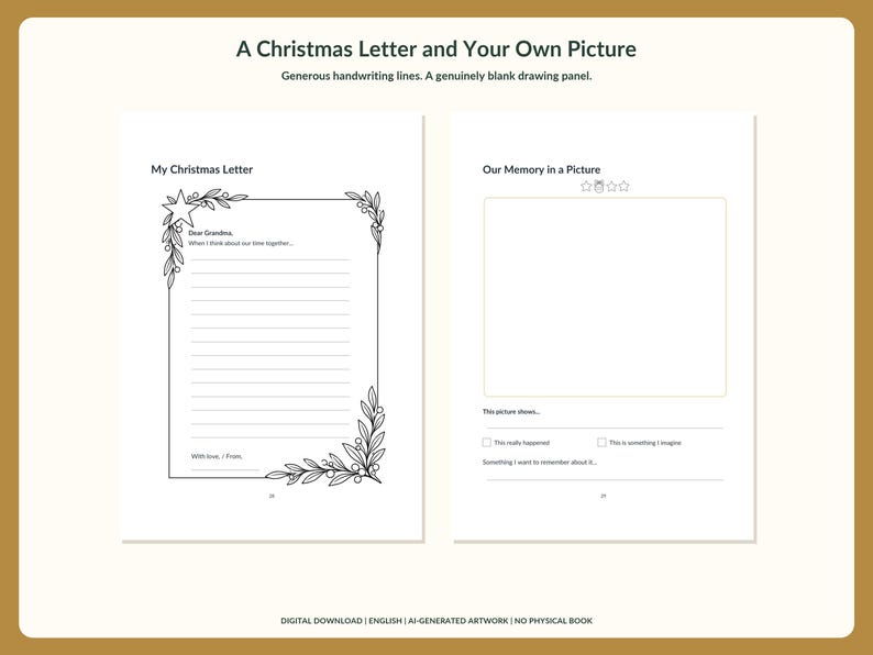 May include: Two white pages with black text and line art. The left page is titled My Christmas Letter with a floral border and writing lines. The right page is titled Our Memory in a Picture with a blank box, stars, and lines for notes.