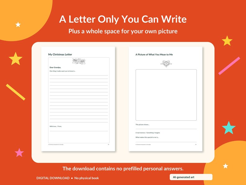 May include: A two-page printable template titled A Letter Only You Can Write. The left page is headed My Christmas Letter with lines for writing. The right page is headed A Picture of What You Mean to Me with a blank box for a drawing.