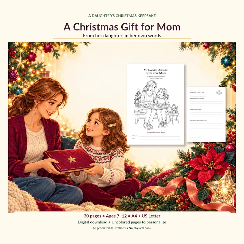 Puede incluir: Un libro de recuerdos navide&ntilde;os descargable para que una hija lo personalice para su madre. El conjunto incluye 30 p&aacute;ginas en tama&ntilde;os A4 y US Letter, con ilustraciones para colorear y espacios de escritura para que la hija los complete.