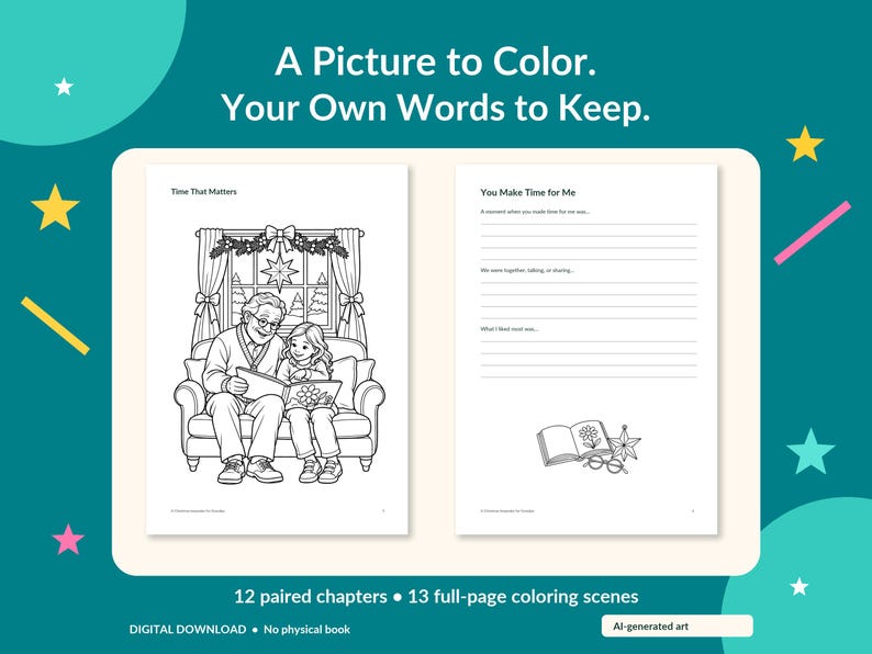 May include: A digital coloring book page set featuring the text A Picture to Color. Your Own Words to Keep. One page shows a line drawing of an adult and child reading on a sofa, while the other page contains writing prompts and lines.