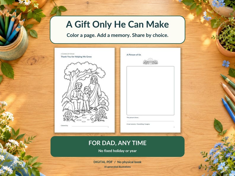 Puede incluir: Dos p&aacute;ginas para colorear blancas con arte lineal negro. La p&aacute;gina izquierda muestra a un hombre, un ni&ntilde;o y una figura bajo un &aacute;rbol con el texto 'Thank You for Helping Me Grow'. La p&aacute;gina derecha presenta un marco vac&iacute;o etiquetado como 'A Picture of Us'. El texto incluye 'A Gift Only He Can Make', 'Color a page. Add a memory. Share by choice.' y 'FOR DAD, ANY TIME'.