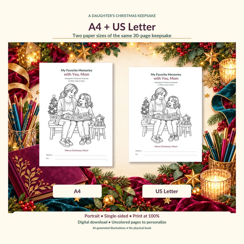 Puede incluir: Un libro de recuerdos de 30 p&aacute;ginas titulado A Daughter's Christmas Keepsake, disponible en tama&ntilde;os A4 y US Letter. La portada presenta un dibujo lineal en blanco y negro de una madre y una hija mirando un &aacute;lbum de fotos, con el texto My Favorite Memories with You, Mom, A Daughter's Christmas Keepsake to Write, Color & Share y Merry Christmas, Mom!.