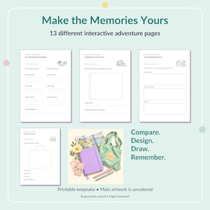 May include: A digital download featuring 13 interactive adventure pages with text including Make the Memories Yours, Our Shopping Personalities, A Notebook That Is Ours, Our Shopping Mystery, and A Bag with a Story, plus a central image of a purple journal.