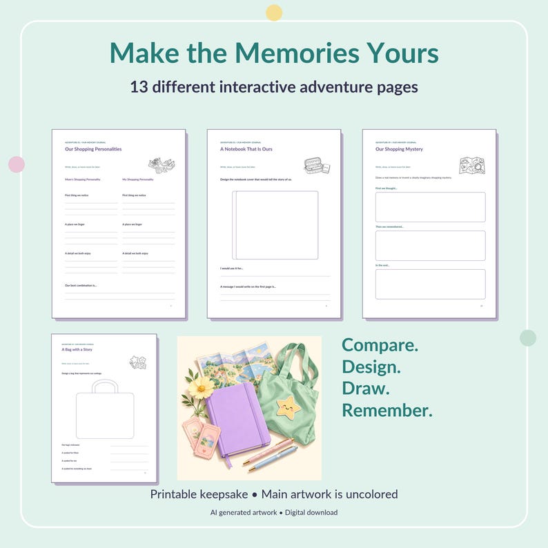 May include: A digital download featuring 13 interactive adventure pages with text including Make the Memories Yours, Our Shopping Personalities, A Notebook That Is Ours, Our Shopping Mystery, and A Bag with a Story, plus a central image of a purple journal.