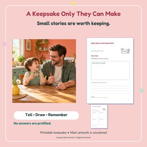 Puede incluir: Una hoja de actividades de recuerdo imprimible con el texto A Keepsake Only They Can Make, Small stories are worth keeping y Tell Draw Remember. La p&aacute;gina incluye indicaciones como Dad, Here's the Sweet Part y Dear Dad con espacios en blanco.