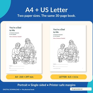 May include: A 30-page digital coloring book available in A4 and US Letter sizes. The cover features a line art illustration of a family with a figure, a child, and a reindeer near a Christmas tree. Text includes 'You're a Dad to Me' and 'Merry Christmas, Stepdad!'