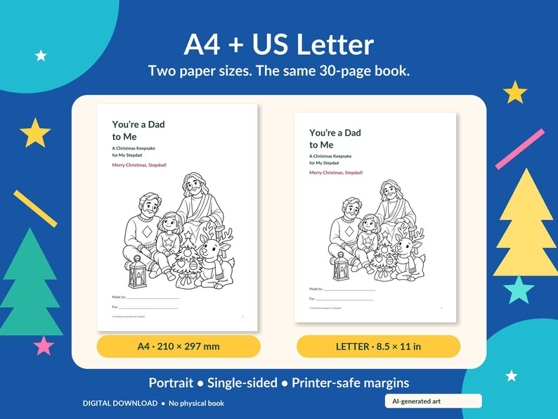 May include: A 30-page digital coloring book available in A4 and US Letter sizes. The cover features a line art illustration of a family with a figure, a child, and a reindeer near a Christmas tree. Text includes 'You're a Dad to Me' and 'Merry Christmas, Stepdad!'