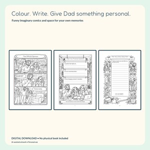 Actual book pages showing a friendly family comic, a practical-questions writing activity and a personal letter page.