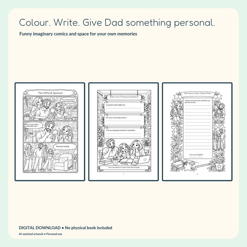 Actual book pages showing a friendly family comic, a practical-questions writing activity and a personal letter page.