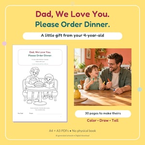 Puede incluir: Una p&aacute;gina de libro para colorear digital con una ilustraci&oacute;n de l&iacute;neas de un padre y un ni&ntilde;o en una mesa con un pastel, acompa&ntilde;ada del texto Dad, We Love You. Please Order Dinner. A little gift from your 4-year-old. 30 pages to make theirs.