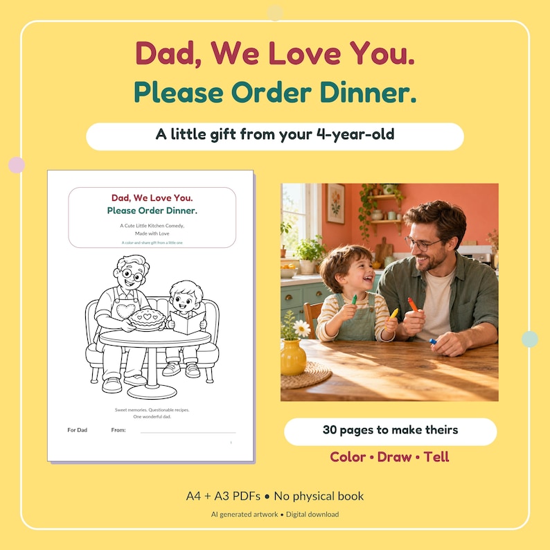 Puede incluir: Una p&aacute;gina de libro para colorear digital con una ilustraci&oacute;n de l&iacute;neas de un padre y un ni&ntilde;o en una mesa con un pastel, acompa&ntilde;ada del texto Dad, We Love You. Please Order Dinner. A little gift from your 4-year-old. 30 pages to make theirs.
