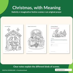 May include: A digital coloring book titled Christmas, with Meaning featuring three pages with black and white line art illustrations. The pages depict a nativity scene, a festive gathering with figures, and a Christmas blessing page with text.