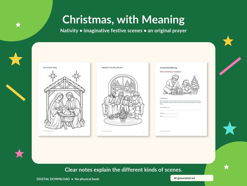 May include: A digital coloring book titled Christmas, with Meaning featuring three pages with black and white line art illustrations. The pages depict a nativity scene, a festive gathering with figures, and a Christmas blessing page with text.