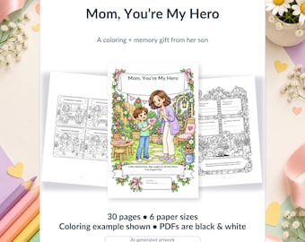 Mom Gift from Son, Cute Kawaii Coloring Memory Book, Christian Keepsake, 30 Printable Pages, Six Paper Sizes A4 A3 A2 US PDFs