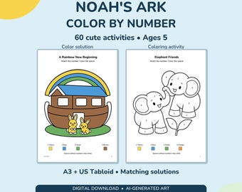 Noah's Ark Color by Number Printable, 60 Kids Coloring Pages, A3 and Tabloid PDFs, Grandparent Gift