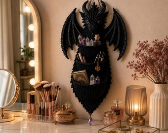 Dragon Wall Organizer Crochet Pattern | 3 Storage Pockets Crystal Tail Charm | Advanced Fantasy Decor PDF | Instant Download