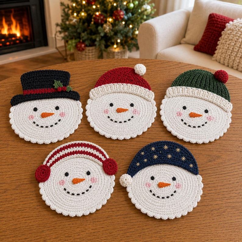 May include: Five round crochet snowman coasters featuring white faces with black eyes, pink cheeks, and orange carrot noses. Each snowman wears a different hat: a black top hat, a red beanie, a green beanie, red earmuffs, or a navy blue star-patterned cap.