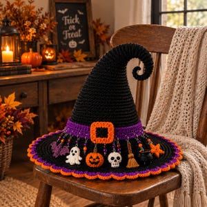 May include: A black crocheted witch hat with a purple band and an orange square buckle. The brim is trimmed in purple and orange. Hanging from the band are small crocheted charms including a bat, ghost, pumpkin, skull, broom, cauldron, and star.