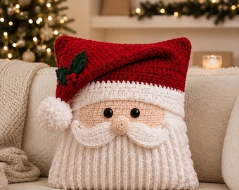Crochet Santa Pillow Pattern PDF, Santa Claus Face Cushion Cover, Scandinavian Christmas Decor, Festive Holiday Throw Pillow