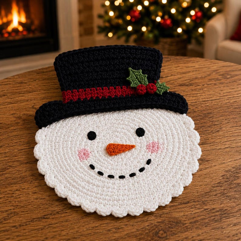 May include: A round, white crocheted snowman face with a scalloped edge, featuring two black circular eyes, a stitched black smile, pink cheeks, and an orange nose. It wears a black crocheted top hat with a red band and green holly leaves.