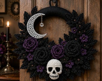Gothic Midnight Wreath Crochet Pattern PDF | Black Purple Rose Door Wreath with Crescent Moon & Skull | Halloween Decor Download