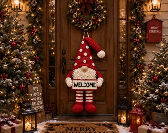 Crochet Christmas Gnome Door Hanger Pattern PDF, Amigurumi Welcome Sign Tutorial, Farmhouse Holiday Decor, Instant Download