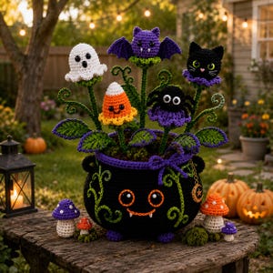 May include: A black crocheted cauldron planter featuring a smiling face with orange eyes and mouth, filled with crocheted Halloween-themed flowers including a white ghost, purple bat, candy corn, black spider, and black cat on green stems.