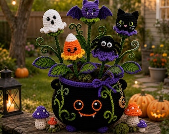 Crochet Ghost Flower Pot Pattern PDF | Halloween Cauldron Amigurumi Bouquet | Ghost Bat Cat Spider Candy Corn Flowers | Digital Download