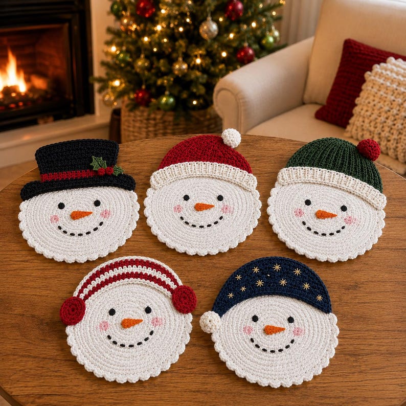 May include: Five circular crochet snowman coasters featuring white faces with orange carrot noses, black dotted smiles, and pink cheeks. Each snowman wears a different hat: a black top hat, a red beanie, a green beanie, red earmuffs, or a blue star-patterned cap.