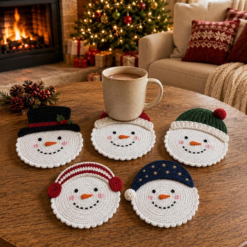 May include: Five round, white crocheted snowman coasters, each featuring a different colored hat: black with holly, cream, green with a pom-pom, red with earmuffs, and navy blue with gold stars. Each snowman has a carrot nose and rosy cheeks.