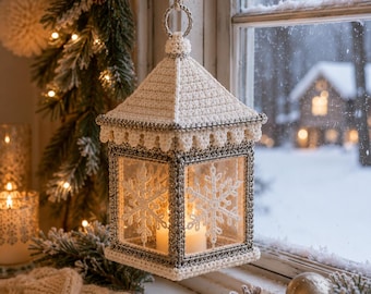 Crochet Christmas Lantern Ornament Pattern, Snowflake Tea Light Cover, Silver Trim Rustic Holiday Decor Tutorial, Instant Digital Download