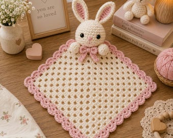 Crochet Bunny Lovey Pattern PDF | Baby Security Blanket Tutorial | Granny Square with Scalloped Border | Beginner Friendly