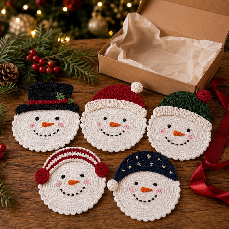 May include: Five round, crocheted snowman coasters featuring cream-colored faces with orange carrot noses, black dotted eyes and mouths, and pink cheeks. Each snowman wears a different hat: black top hat, red beanie, green beanie, striped earmuffs, or navy blue cap.