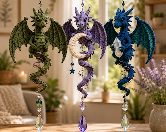 3-in-1 Dragon Crochet Wind Spinner Pattern PDF | Classic Moon Crystal Dragon Spiral Charm | Boho Garden Decor | Digital Download