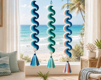 Ocean Wave Crochet Wind Spinner Pattern PDF: 3-in-1 Coastal Hanging Decor, Seashell Tassel Window Hanging, Beach House Digital Download