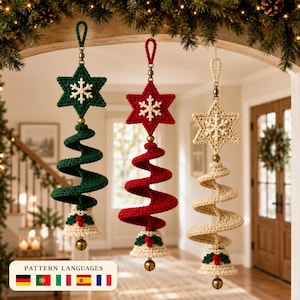 Virkad julspiralvindspinnermönster PDF, stjärnsnöflinga och klocka hängande ornament, julfönsterdekoration, set om 3