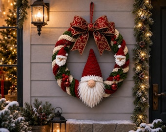 Crochet Christmas Wreath Pattern PDF, Twisted Rope Gnome Wreath, Santa Holiday Door Decor, Festive Xmas Crochet Tutorial