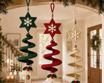 Crochet Christmas Spiral Wind Spinner Pattern PDF, Star Snowflake and Bell Hanging Ornament, Holiday Window Decor, Set of 3