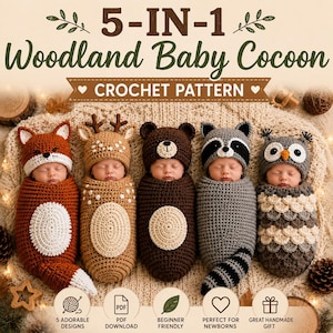 Peut inclure: Un modèle de crochet numérique intitulé 5-IN-1 Woodland Baby Cocoon montrant cinq nourrissons enveloppés dans des cocons faits main en forme de renard, cerf, ours, raton laveur et hibou. L'image inclut des textes pour PDF et débutants.