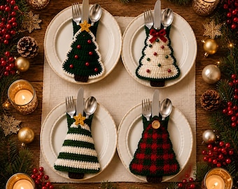 Christmas Tree Cutlery Holder Crochet Pattern Bundle, 4 Festive Designs, Easy Holiday Table Decor, Utensil Pocket PDF, Instant Download