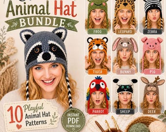 10 Crochet Animal Hat Patterns Bundle PDF | Deer, Frog, Tiger, Pig, Zebra, & Leopard Beanie Patterns | DIY Crochet Hat Pattern Download