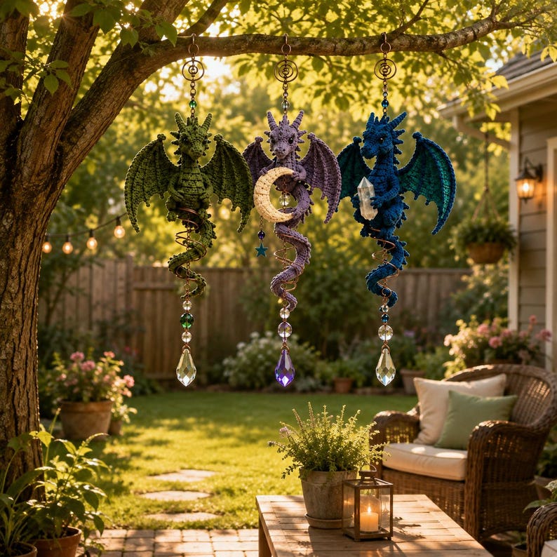 May include: Three hanging crochet dragon ornaments in green, purple, and blue. Each dragon features wings, a coiled tail, and a dangling crystal prism. The purple dragon holds a crescent moon, while the blue dragon holds a clear crystal point.