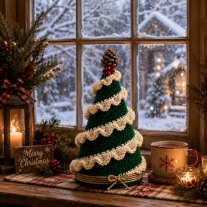 Mönster för virkad julgran med spiralformad volang | Layered Tiered Holiday Decor PDF | Nybörjar-amigurumi-prydnad | Direkt nedladdning