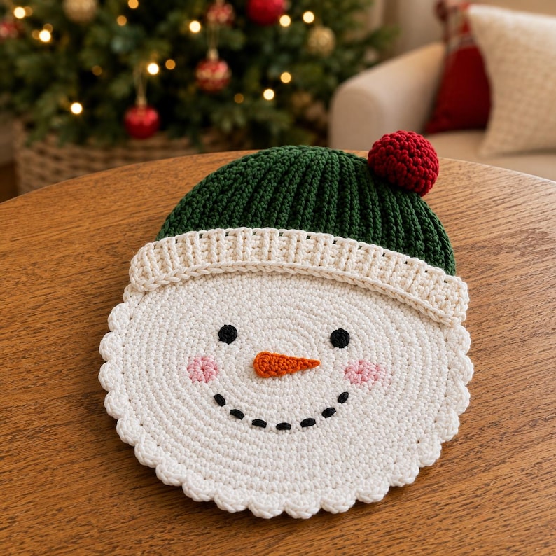 May include: A circular crochet snowman face with a white base, a dark green ribbed hat featuring a red pom-pom, two black eyes, a stitched orange carrot nose, a dotted black smile, and two light pink circular cheeks on the white surface.