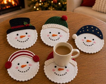 Christmas Snowman Crochet Coaster Pattern PDF, 5-in-1 Holiday Table Decor Set, Easy Winter Mug Rug Tutorial, Digital Download
