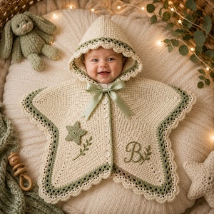 Puede incluir: Una capa con capucha de ganchillo en forma de estrella de color crema para bebé, con ribete verde salvia, borde festoneado, lazo de satén verde salvia en el cuello, botones blancos, una pequeña estrella bordada y la letra B con hojas.
