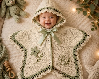 Star Baby Cocoon Crochet Pattern — Lace Trim, Ribbon Bow, Pearl Buttons & Monogram | Newborn Photo Prop Sleep Sack | Instant Download PDF